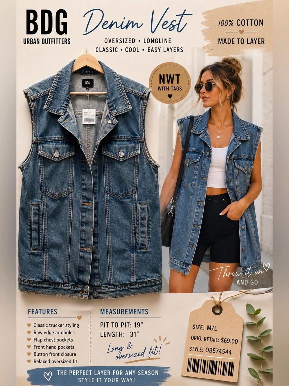BDG Urban Outfitters Longline Denim Vest M/L NWT Oversized Jean Vest